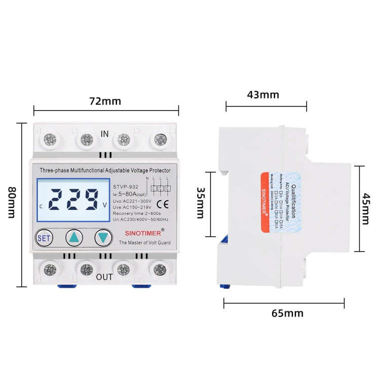 SINOTIMER STVP-932 50A 3-phase 380V LCD Self-resetting Adjustable Surge Voltage Protector
