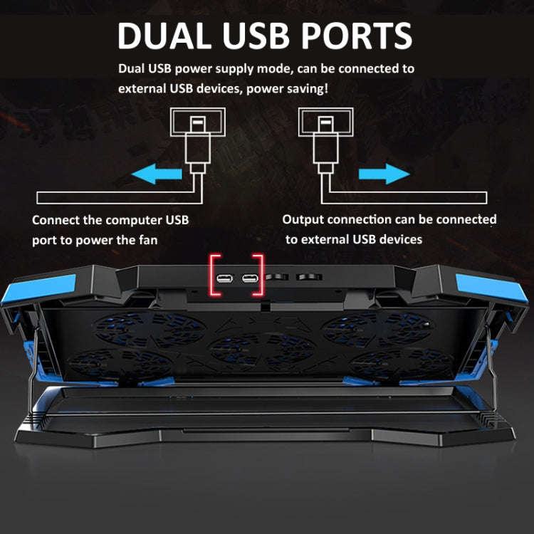 NUOXI 5 Fans Laptop Radiator Bracket Height Adjustable with Dual USB Ports(Black and Red)