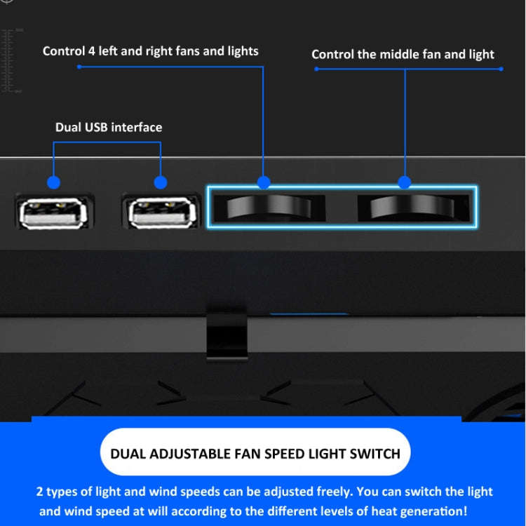 NUOXI 5 Fans Laptop Radiator Bracket Height Adjustable with Dual USB Ports(Black and Blue)