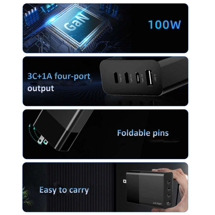 LKTOP 100W Gallium Nitride Fast Charger AC Adapter With 3 USB-C/Type-C+1 USB-A Port US Plug