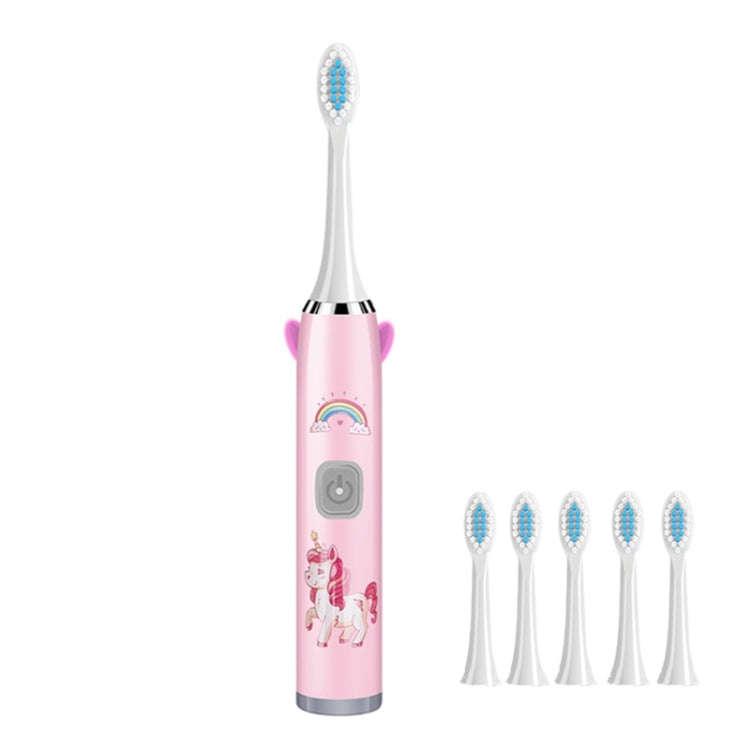 USB Charging Fully Automatic Ultrasonic Cartoon Children Electric Toothbrush, Color: Pink with 6 ...