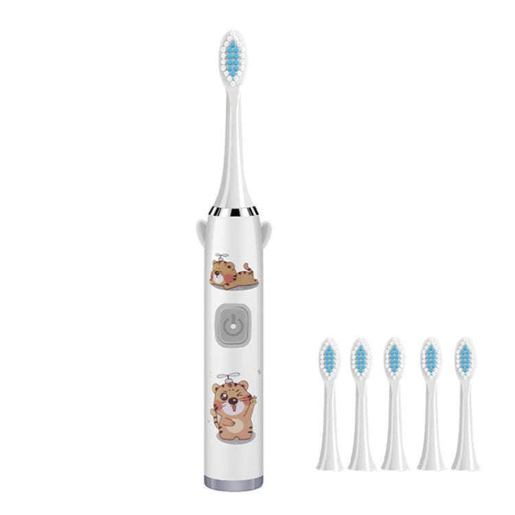 USB Charging Fully Automatic Ultrasonic Cartoon Children Electric Toothbrush, Color: White with 6...