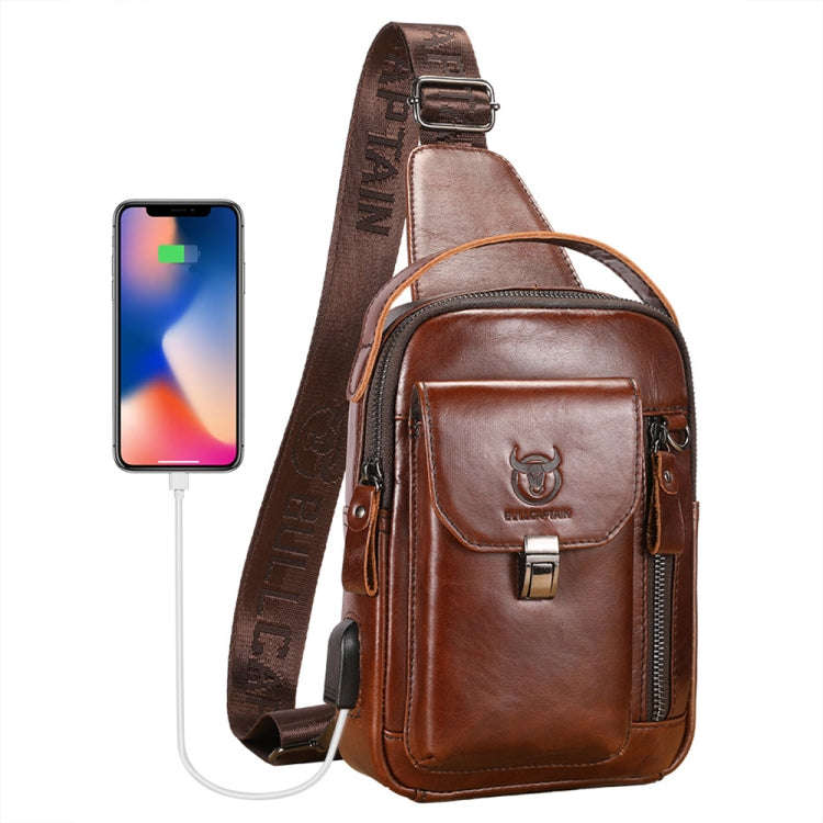 BULL CAPTAIN 122 Large-capacity Retro Cowhide Single-shoulder Crossbody Chest Bag with USB Port(B...