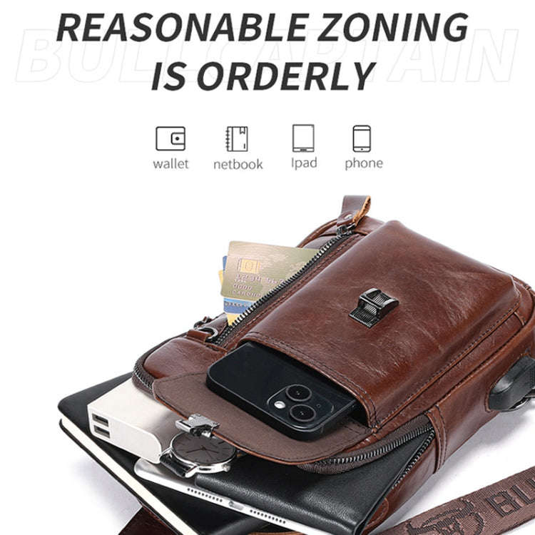 BULL CAPTAIN 122 Large-capacity Retro Cowhide Single-shoulder Crossbody Chest Bag with USB Port(B...