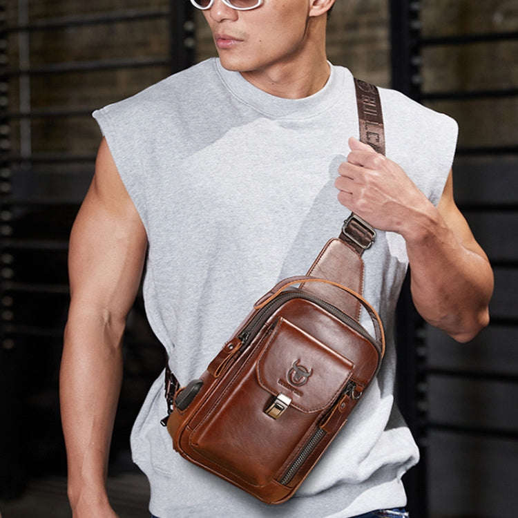 BULL CAPTAIN 122 Large-capacity Retro Cowhide Single-shoulder Crossbody Chest Bag with USB Port(Y...
