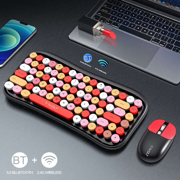 T-WOLF TF660 2.4G+5.0 Bluetooth Dual-Mode Retro Wireless Keyboard And Mouse Set(Black Red)