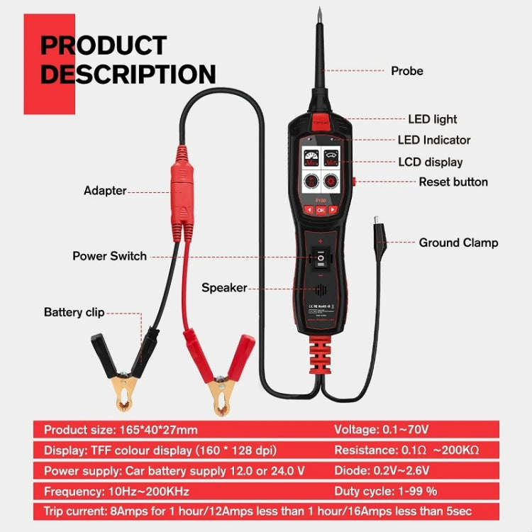 JDiag 6-30V Electrical Detector Fuel Injector Signal Detection Vehicle System Diagnosis(P150)