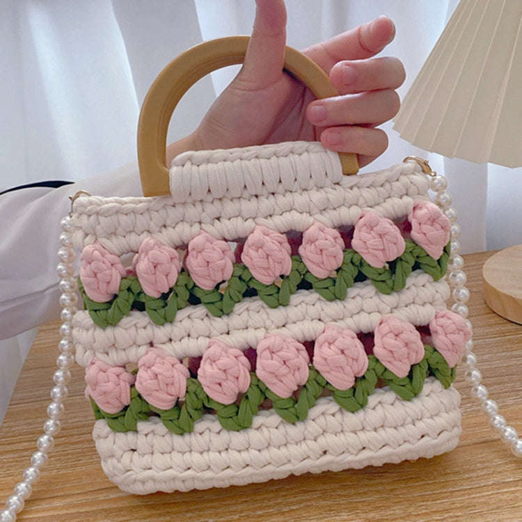 Homemade Tulip Hand Knitting Bag Cloth Strip Line DIY Material Kit With Pearl Shoulder Strap(Beig...