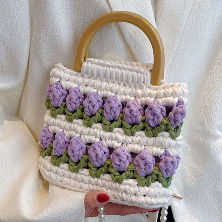 Homemade Tulip Hand Knitting Bag Cloth Strip Line DIY Material Kit With Pearl Shoulder Strap(Beig...