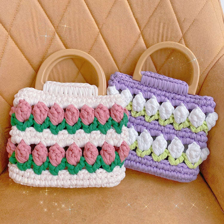Homemade Tulip Hand Knitting Bag Cloth Strip Line DIY Material Kit With Pearl Shoulder Strap(Beig...