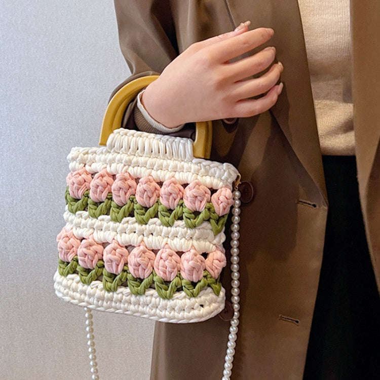 Homemade Tulip Hand Knitting Bag Cloth Strip Line DIY Material Kit With Pearl Shoulder Strap(Beig...