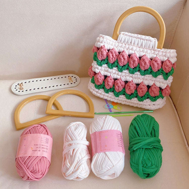 Homemade Tulip Hand Knitting Bag Cloth Strip Line DIY Material Kit With Pearl Shoulder Strap(Beig...