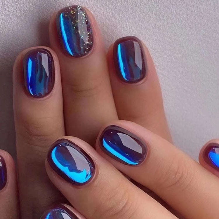 24pcs /Box Short Press On Nails Bling Aurora Nail Galaxy Blue Glitter Fake Nails(W1079)