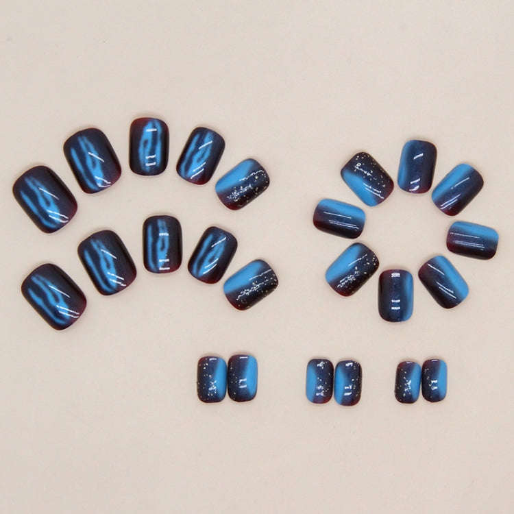 24pcs /Box Short Press On Nails Bling Aurora Nail Galaxy Blue Glitter Fake Nails(W1079)