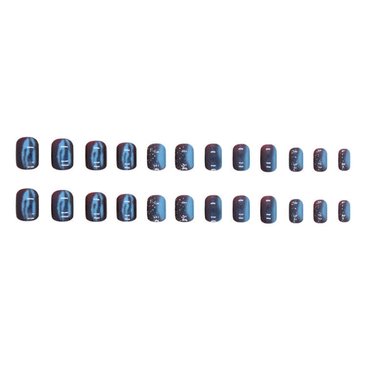 24pcs /Box Short Press On Nails Bling Aurora Nail Galaxy Blue Glitter Fake Nails(W1079)