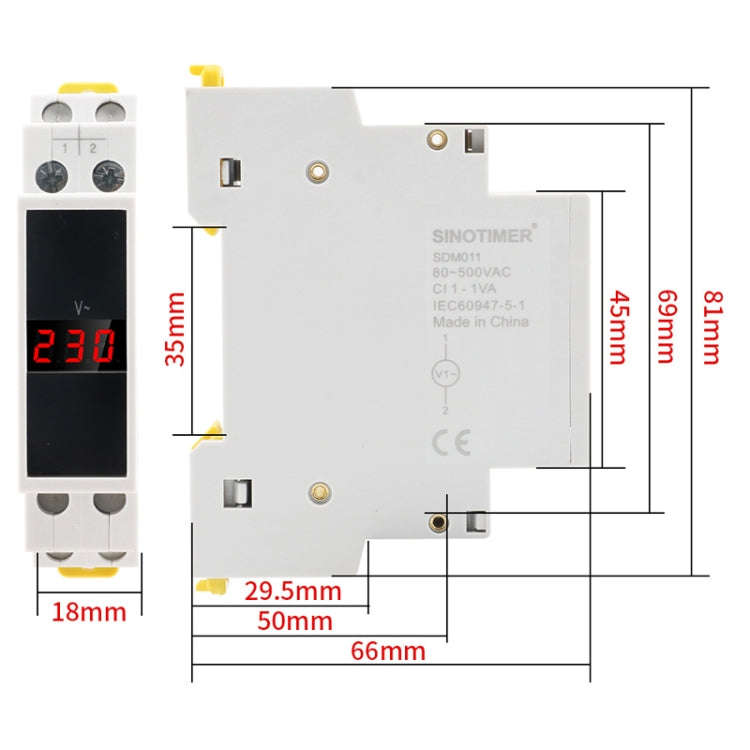 SINOTIMER SDM011 Modular Din Rail Type AC Single-Phase Digital Voltmeter Electronic Instrumentation