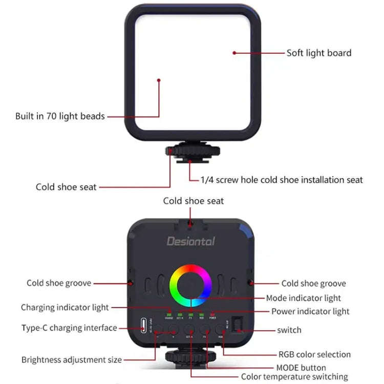 Desiontal W70 Full Color RGB Live Fill Light Portable Small Pocket Light Ambient Photo Handheld P...