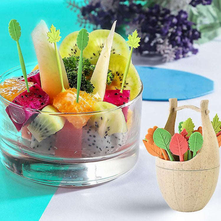 16pcs Fruit Forks + 1pc Barrel Mini Wheat Fiber Material Tableware Set Snack Dessert Forks(Beige)