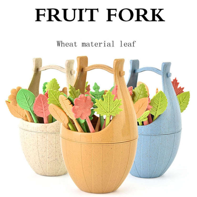 16pcs Fruit Forks + 1pc Barrel Mini Wheat Fiber Material Tableware Set Snack Dessert Forks(Beige)