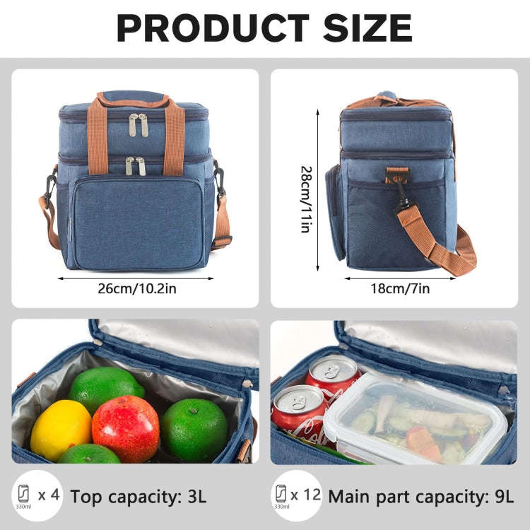 Double Layer Insulated Lunch Bag Large Capacity Food Cooler Bag with Shoulder Strap(Grey)