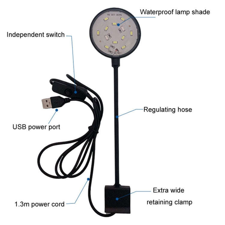 5W Fish Tank LED Clip Light USB Plug Lighting Aquarium Translucent Aquatic Plants Lamp(White)