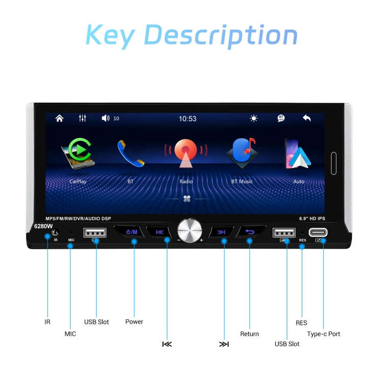 Single Spindle 6.9 inch MP5 With Knob Player Carplay Function Car MP4 Backup Camera, Specificatio...