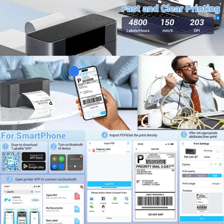 Phomemo PM245-BT Bluetooth Shipping Label Printer Support Labels Width  1- 4.6 Inch(UK Plug)