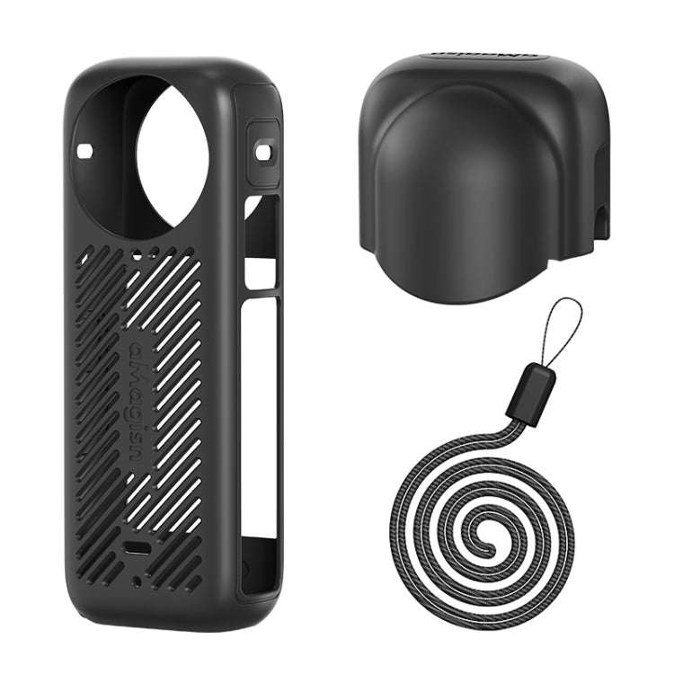 For Insta360 X4 AMagisn Silicone Protective Cover Body Case + Lens Cover Black