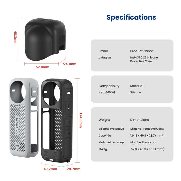 For Insta360 X4 AMagisn Silicone Protective Cover Body Case + Lens Cover Black