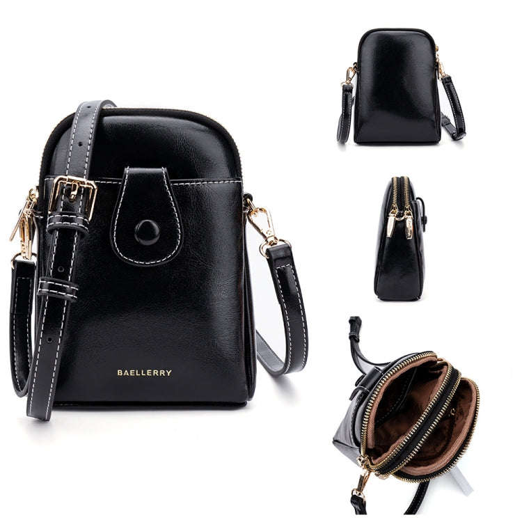 Baellerry N8925 Oil Wax Leather Double Zipper Mobile Phone Bag Shoulder Crossbody Coin Purse(Black)