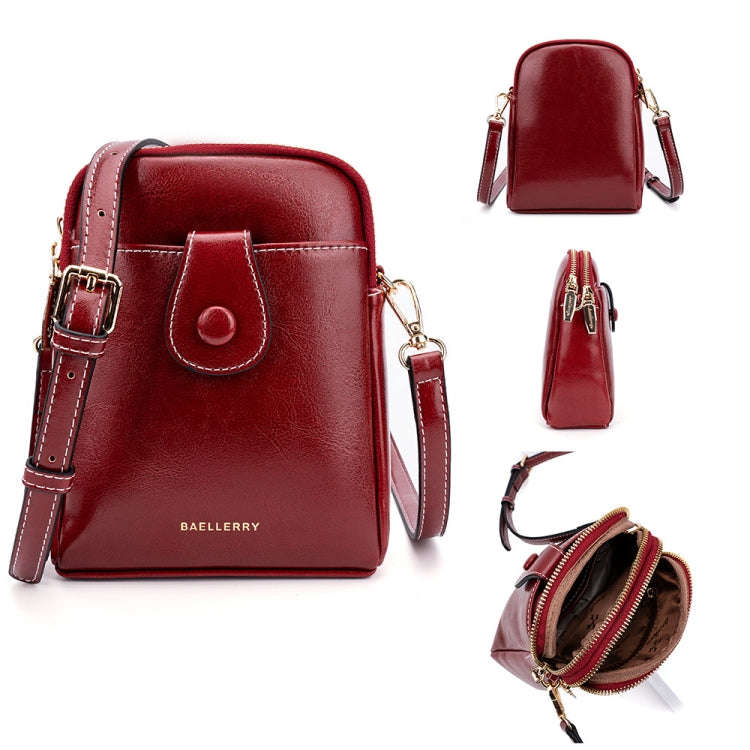 Baellerry N8925 Oil Wax Leather Double Zipper Mobile Phone Bag Shoulder Crossbody Coin Purse(Red)