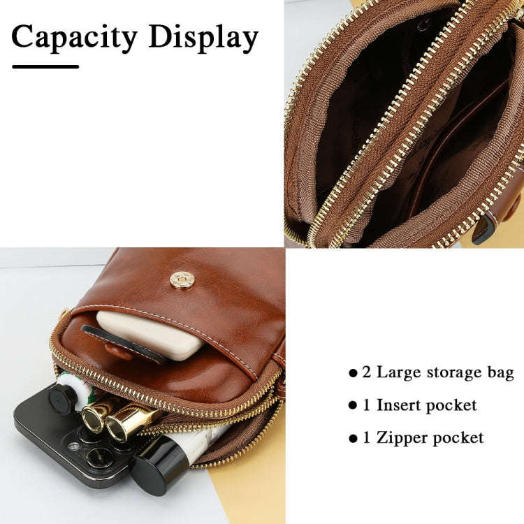 Baellerry N8925 Oil Wax Leather Double Zipper Mobile Phone Bag Shoulder Crossbody Coin Purse(Black)