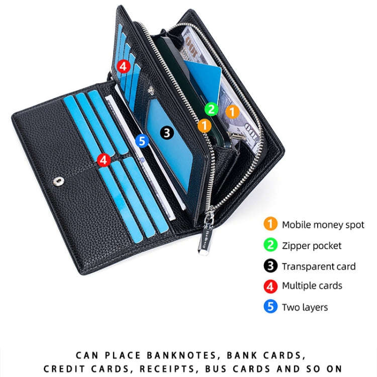 Baellerry S1240 Lychee Pattern Business Casual Zipper Long Wallet Multi-card Slot Clutch Bag(Black)