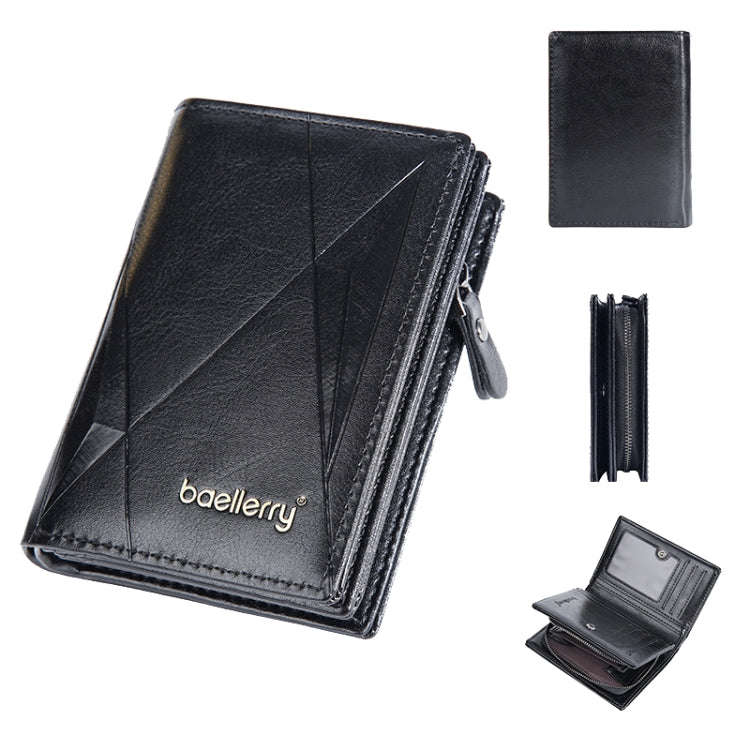 Baellerry D3213 Retro Leather Short Wallet Multi-card Slot Zipper Card Holder(Black)