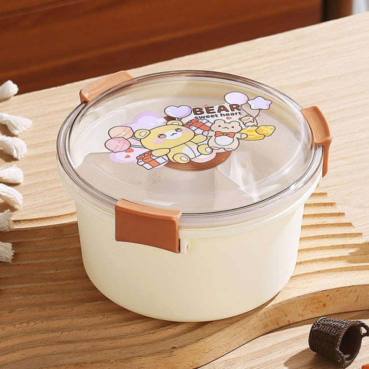 1100ml Cartoon Round Microwaveable Bento Box Outdoor Student Lunch Box(Bear Brown)