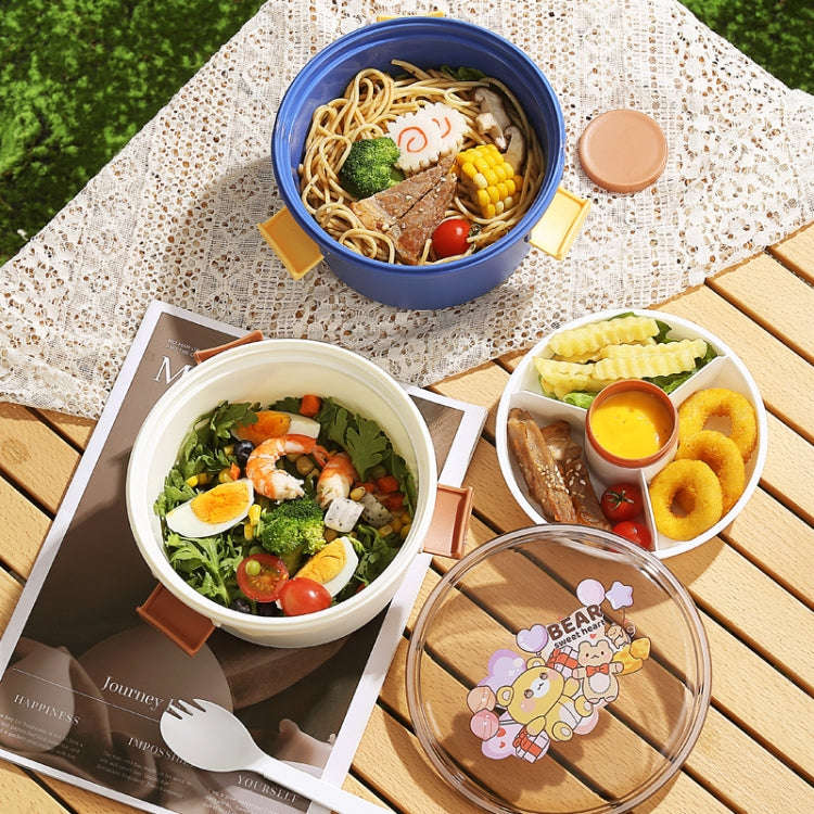 1100ml Cartoon Round Microwaveable Bento Box Outdoor Student Lunch Box(Bear Brown)