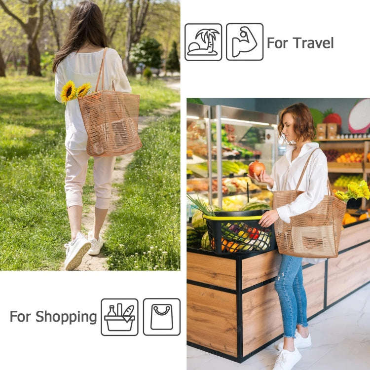 Folding Beach Bag Mesh Tote Handbag Women Shoulder Bag(Khaki)