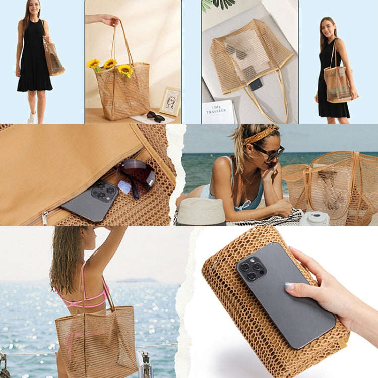 Folding Beach Bag Mesh Tote Handbag Women Shoulder Bag(Khaki)