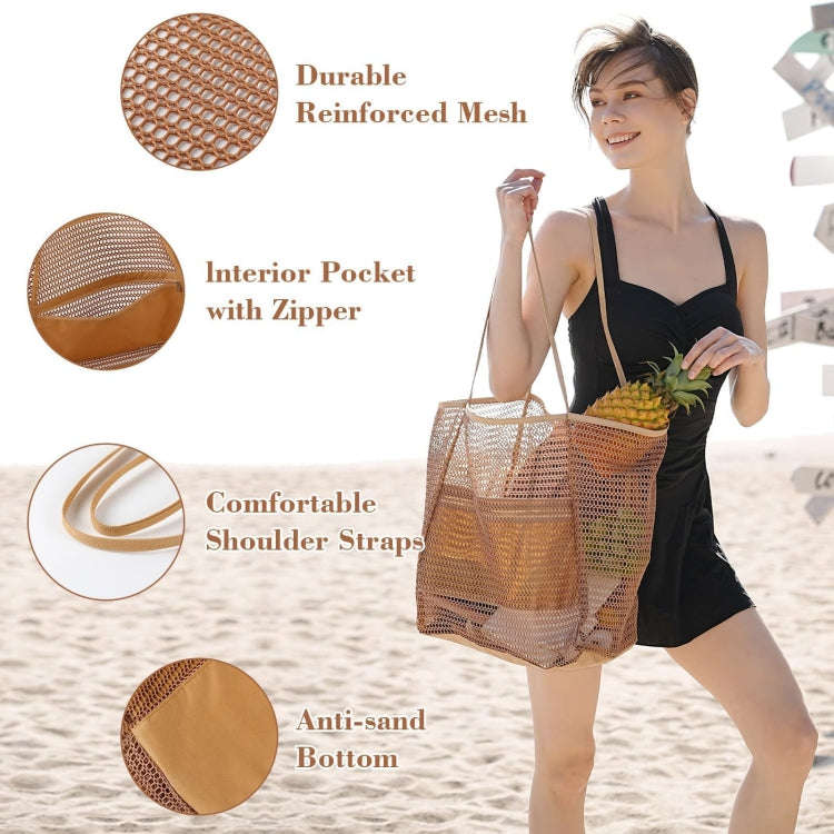 Folding Beach Bag Mesh Tote Handbag Women Shoulder Bag(Khaki)
