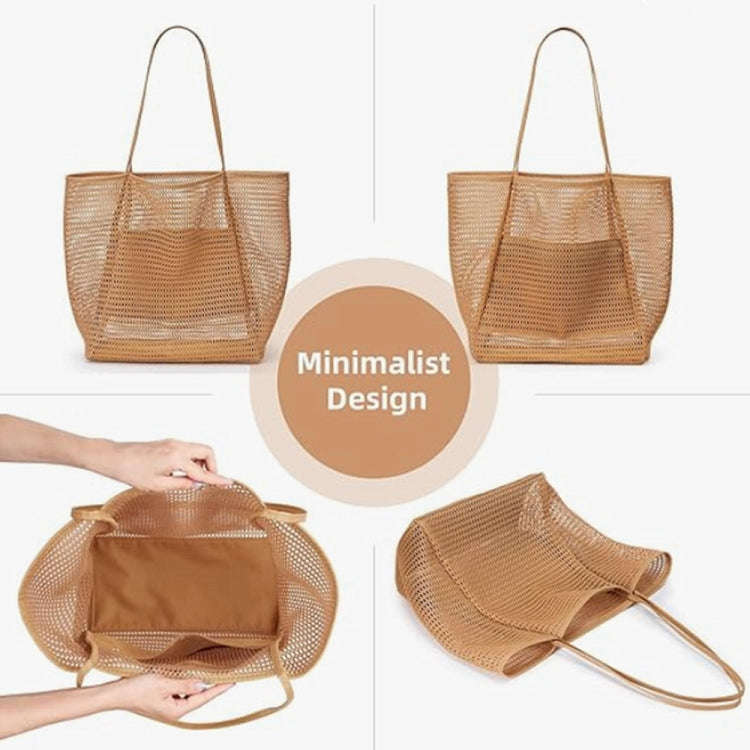 Folding Beach Bag Mesh Tote Handbag Women Shoulder Bag(Khaki)