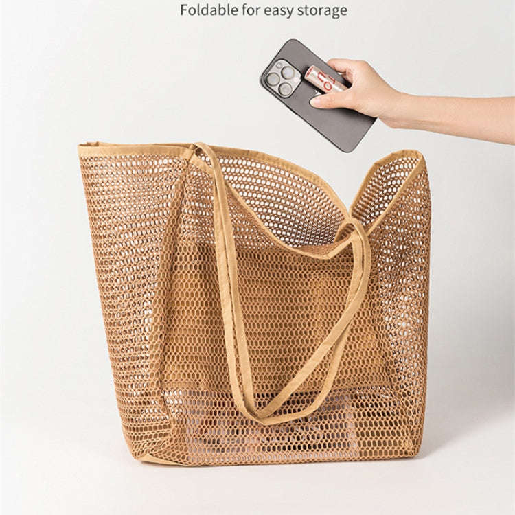 Folding Beach Bag Mesh Tote Handbag Women Shoulder Bag(Khaki)