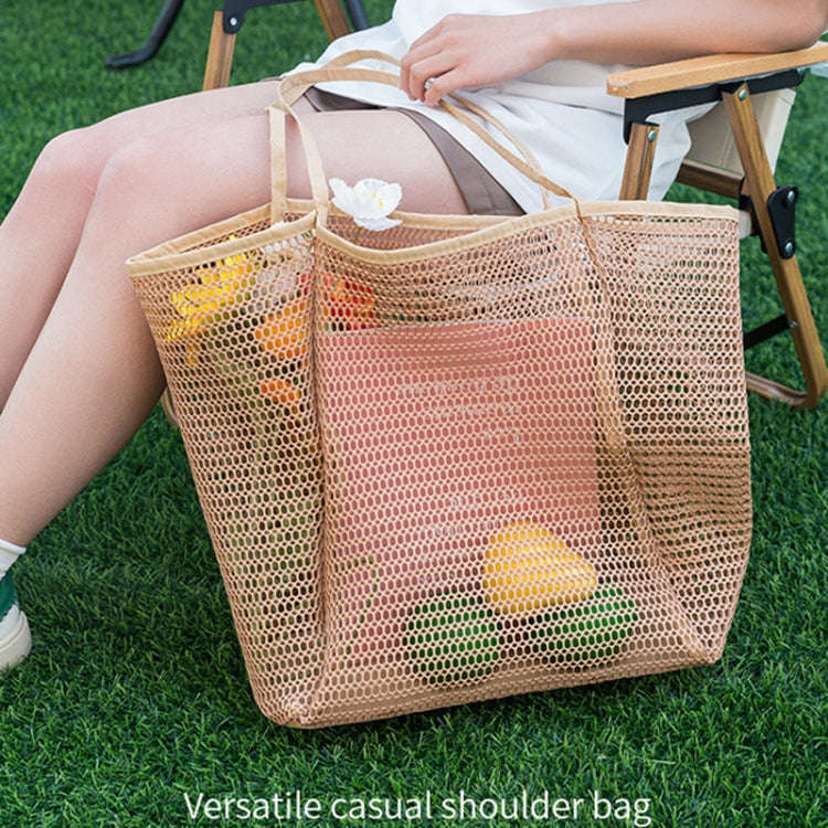 Folding Beach Bag Mesh Tote Handbag Women Shoulder Bag(Khaki)
