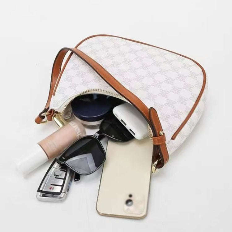 Women Summer Versatile PU Leather Tote Crescent Shoulder Bag Niche Design Underarm Bag(White)