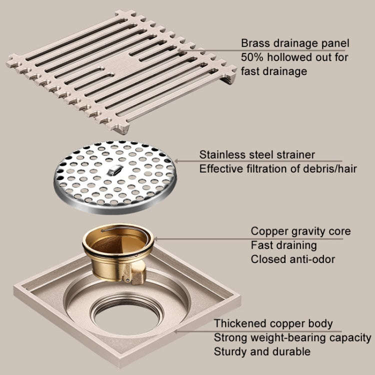 All Copper Brushed Anti-Odor Floor Drain Gravity Copper Core Bathroom Floor Drain, Specification:...