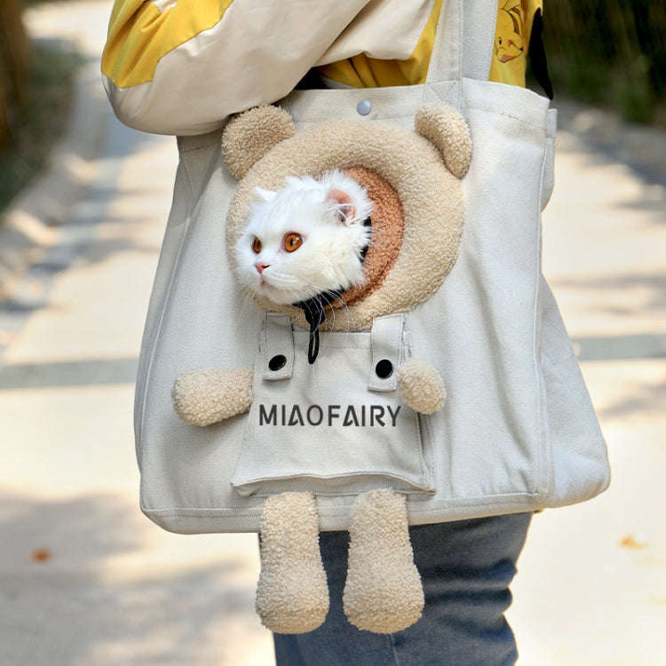 Portable Outing Cat Bag Exposed Shoulder Canvas Bag Small Dog Pet Bag(Bear Khaki)