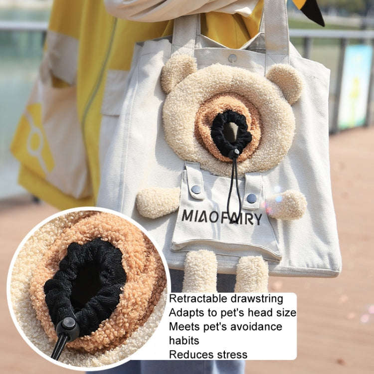 Portable Outing Cat Bag Exposed Shoulder Canvas Bag Small Dog Pet Bag(Bear Khaki)