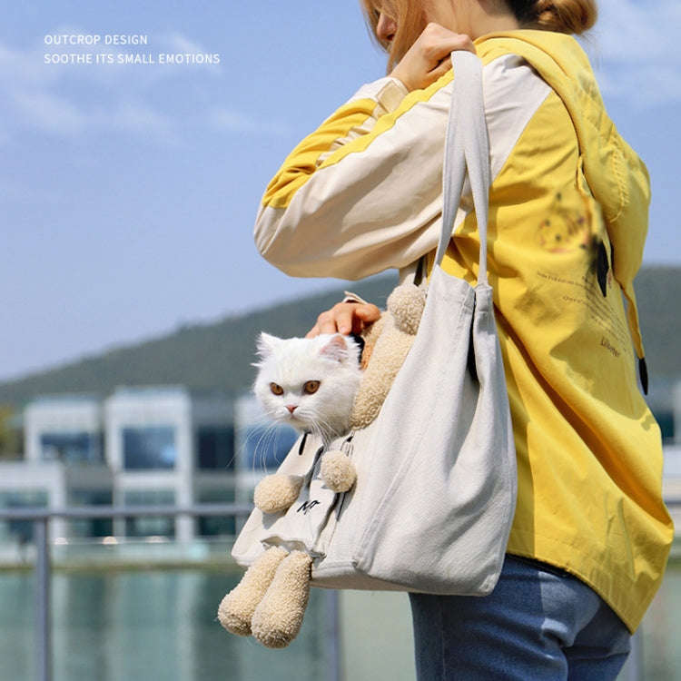 Portable Outing Cat Bag Exposed Shoulder Canvas Bag Small Dog Pet Bag(Bear Khaki)