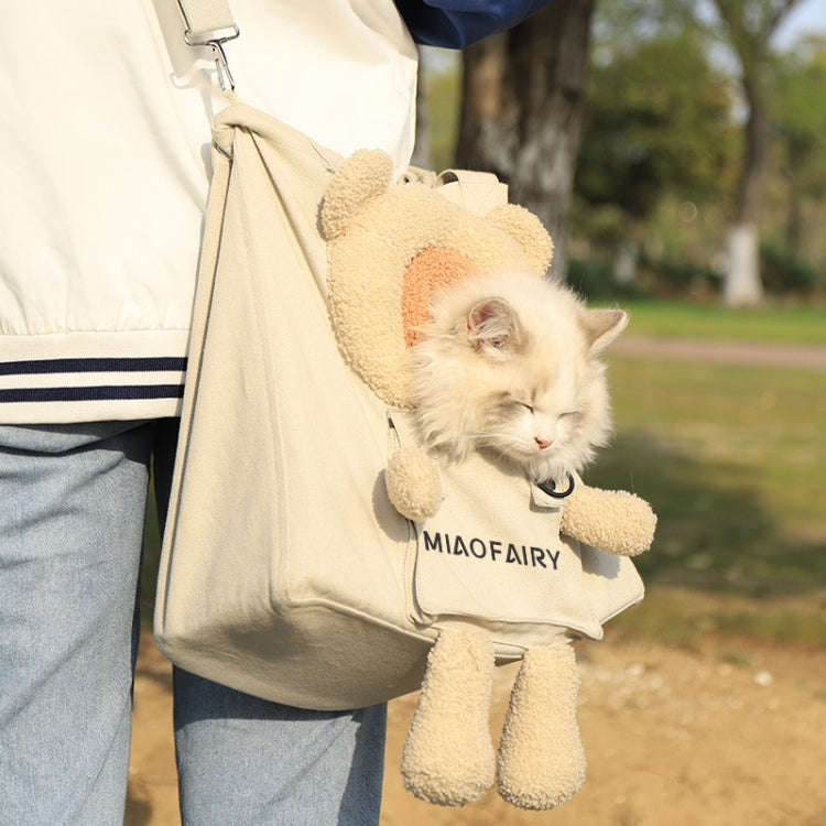 Portable Outing Cat Bag Exposed Shoulder Canvas Bag Small Dog Pet Bag(Bear Khaki)