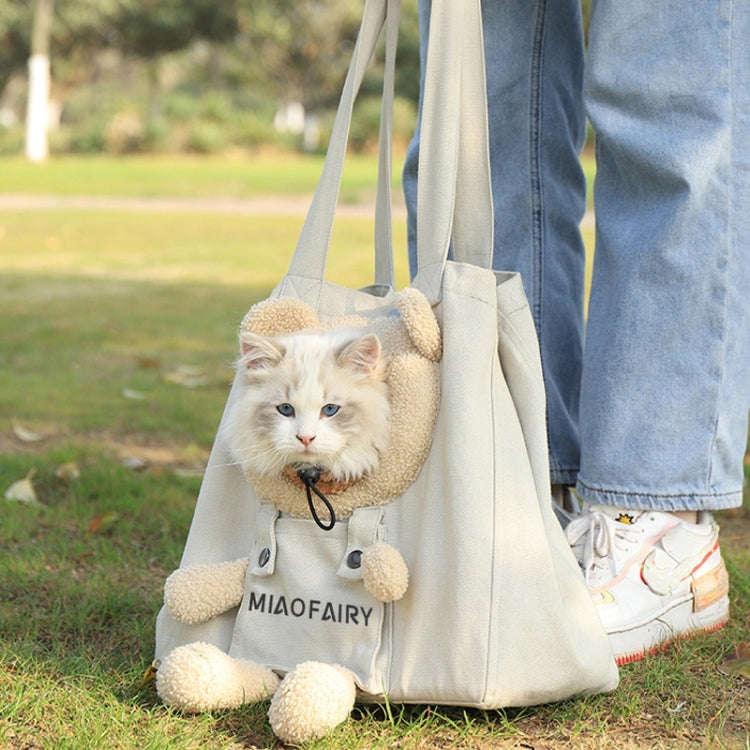 Portable Outing Cat Bag Exposed Shoulder Canvas Bag Small Dog Pet Bag(Bear Khaki)