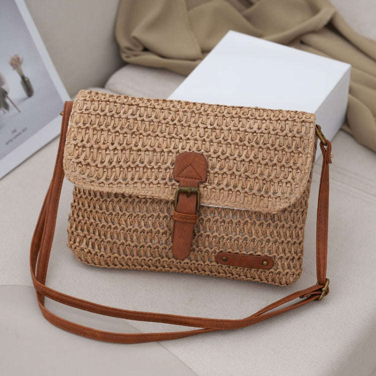Women Retro Messenger Bag Travel Crossbody Straw Bag(Khaki)